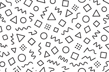 Minimal black and white vector Memphis background featuring simple geometric linework and abstract shapes, modern balanced layout ideal for posters, branding, digital assets, and visual design work.
