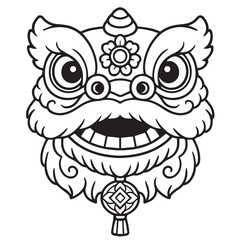 Obraz premium Black and white vector of a lunar Chinese lion dance head, detailed lines, bold contrasts, traditional patterns, festive energy, cultural symbolism, expressive eyes with ornate strokes art.