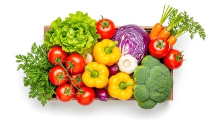 A vibrant assortment of fresh colorful vegetables including lettuce tomatoes peppers cabbage broccoli carrots and garlic isolated on white background