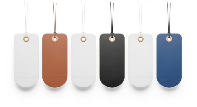 A row of six blank rectangular tags in various colors hanging from thin strings isolated on white background