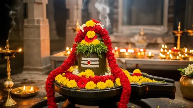 Shiva lingam puja hindu temple with flowers and candles hinduism worship shivling india