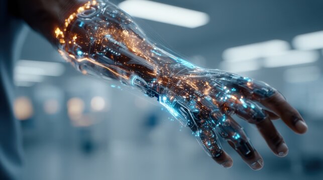 A futuristic robotic arm with glowing circuits showcases advanced technology and innovation in human-machine integration.