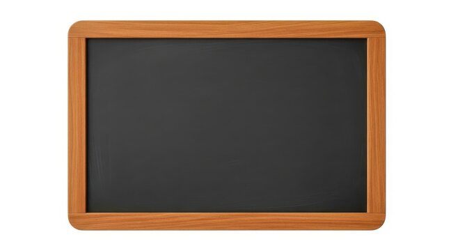 A simple wooden framed blackboard with a dark black writing surface isolated on white background