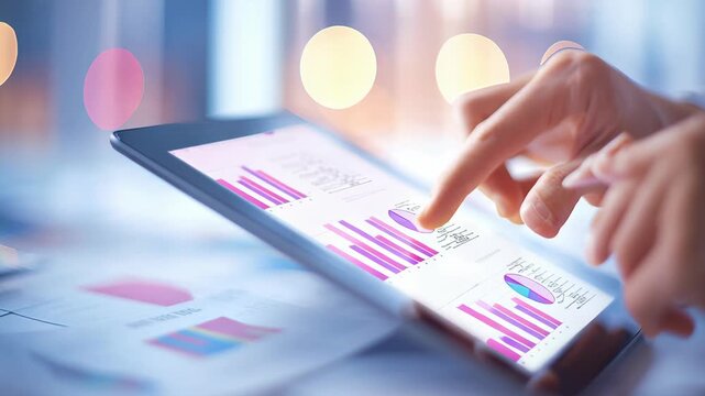 A business professional's hands analyzing colorful financial charts and data on a digital tablet screen. - Powered by Adobe