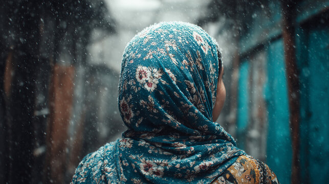 Woman in floral blue hijab walking through snowy narrow street during the harsh winter season of Chillai Kalan
