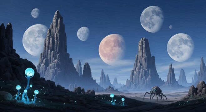 Exoplanetary landscape with glowing flora, monolithic formations and multiple moons in the sky