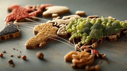 A colorful wooden puzzle map featuring various foods representing different countries, emphasizing global culinary diversity.