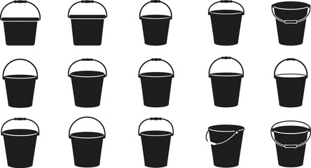 Silhouette collection of various bucket designs with different shapes, handles, and rims, industrial and household containers for construction, cleaning, and utility use