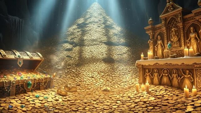 Mysterious cave filled with hidden treasure, golden coins, jeweled chest and relic shine in the