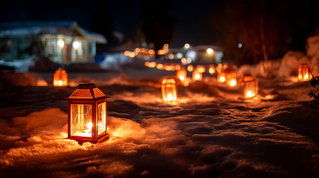 Lanterns glowing warmly on snowy ground during a Chillai Kalan winter night festival in Kashmir.