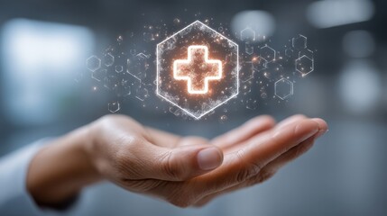 A hand holds a glowing medical cross symbol, representing health and technology in a modern, digital context.