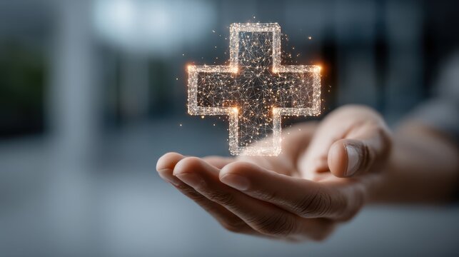 A hand holds a glowing, digital health cross, symbolizing healthcare and medical innovation in a contemporary setting. - Powered by Adobe