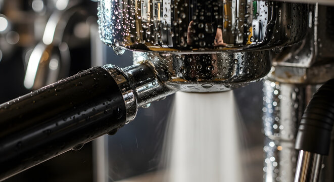 Close-up of a steaming portafilter covered in water droplets from a coffee machine, Shiny metallic components of an espresso machine, glistening with moisture after use