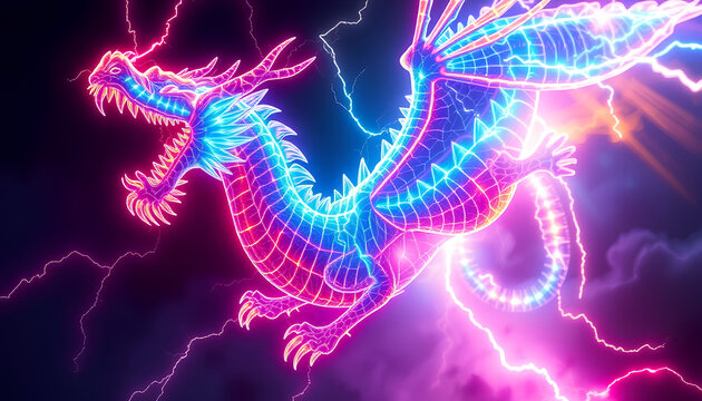 Epic NFT artwork of glowing lightning dragon made of pure electricity, vibrant neon colors, surreal fantasy aesthetic