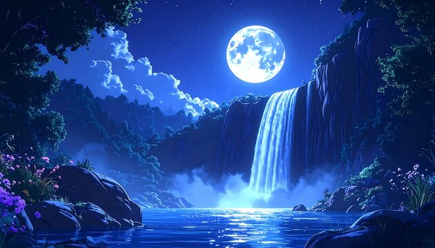A luminous full moon casts a serene glow over a cascading waterfall in a moonlit forest scene, with flowing water reflecting the light - Powered by Adobe