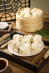 Handmade Siu Mai Dumplings in Bamboo Steamer - Traditional Chinese Cuisine from Hohhot with Lamb Filling