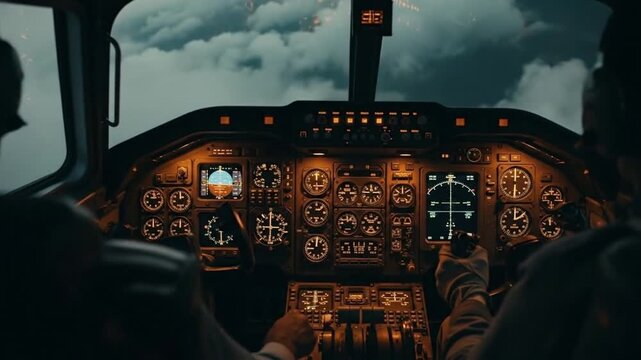 Inside the Aircraft Cockpit: Navigating Through Clouds and City Lights at Night