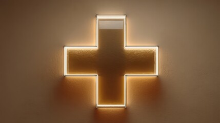 Obraz premium A glowing medical cross symbol on a textured wall, suggesting themes of health, care, and wellness.