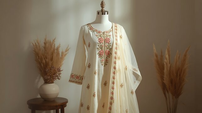 Elegant embroidered kaftan dress on a mannequin with dried flowers