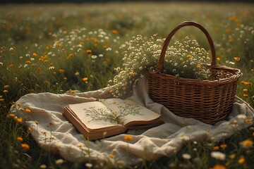 Cinematic Cottagecore Picnic Flat-Lay on Flower Field