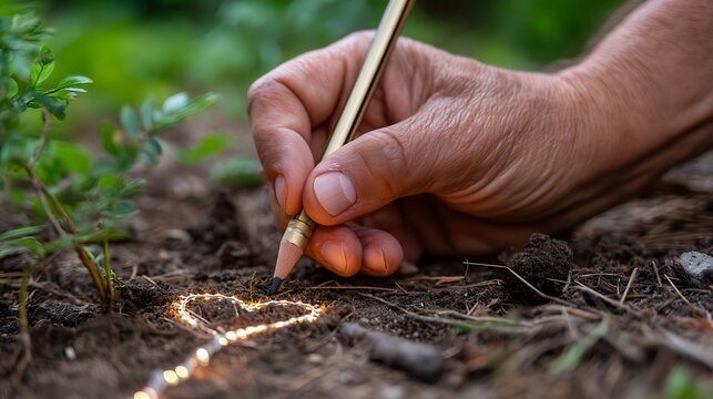 Hand Drawing Heart Shape in Soil with Pencil Surrounded by Greenery
