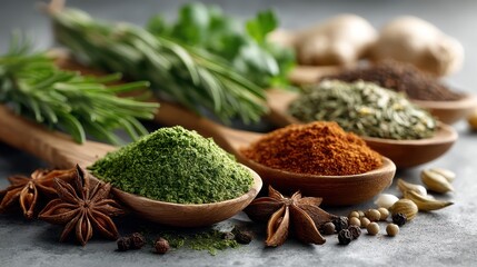A vibrant display of various spices and herbs arranged in wooden spoons, showcasing a rich variety of colors and textures, perfect for culinary enthusiasts.