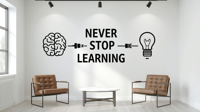 Creative Wall Decal "Never Stop Learning" Connecting Brain and Light Bulb in a Modern Minimalist Office Space
