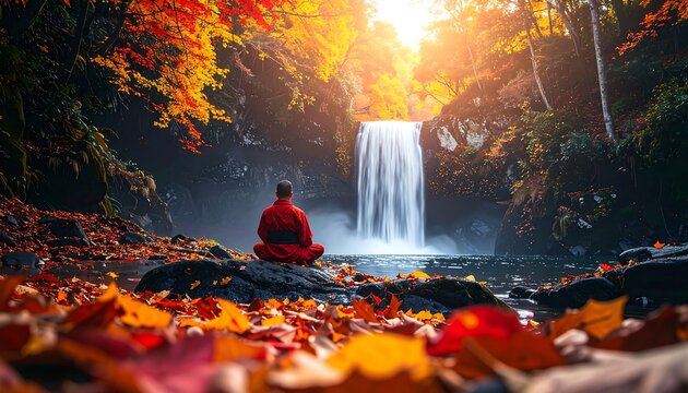 A person in a red robe meditates before a waterfall in fall season