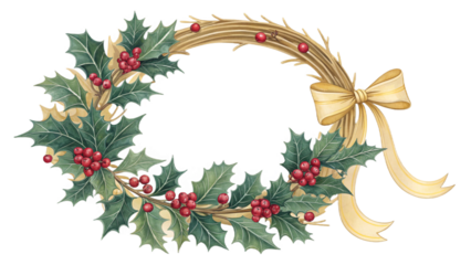 "Christmas wreath vector with holly leaves, red berries, golden ribbon, detailed elegant style, perfect for greeting cards, transparent background"