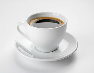 Naklejka premium A minimalist studio shot of a white ceramic cup and saucer filled with hot, fresh black coffee. Isolated on a clean, bright white background. Focus on purity and simplicity.