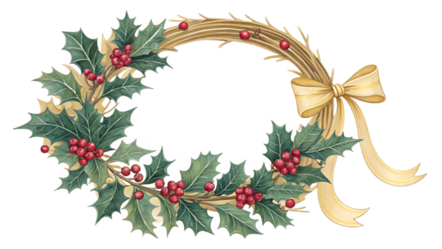 "Christmas wreath vector with holly leaves, red berries, golden ribbon, detailed elegant style, perfect for greeting cards, transparent background"