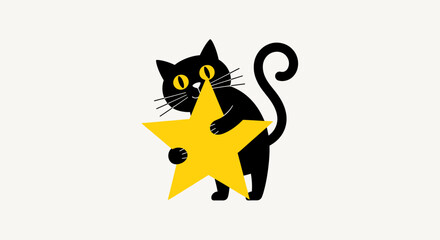 Whimsical Black Cat Holding a Bright Yellow Star A Charming Illustration