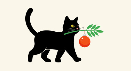 A whimsical black cat walks with a festive Christmas ornament and a green branch in its mouth. A cute holiday vector illustration