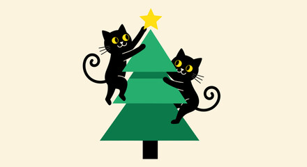 Festive Felines Black Cats Decorating a Christmas Tree with a Star Topper