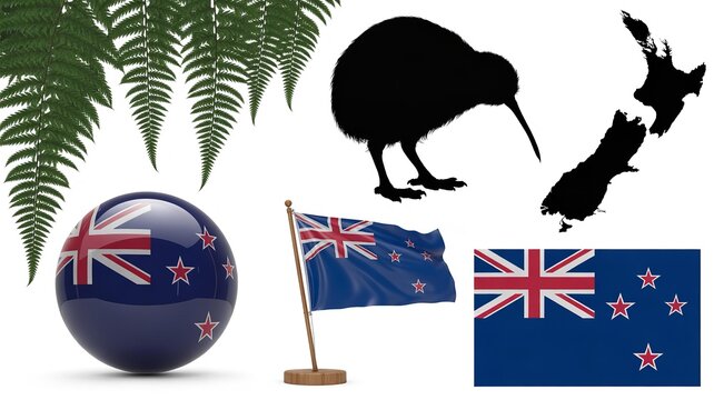 New zealand icons kiwi bird ferns and flag symbols
