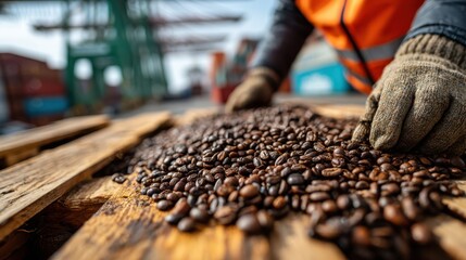 A worker inspects freshly harvested coffee beans spread across wooden pallets at a shipping yard.