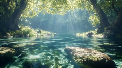 Serene forest river with crystal clear water, bathed in sunlight filtering through lush green trees. Ideal for nature, peace, and environment-related concepts