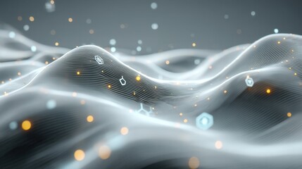 A digital landscape featuring flowing, wavy forms with glowing particles and geometric shapes, suggesting a futuristic, abstract environment.