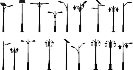Street lamp silhouettes collection, solar powered street lights, decorative lamp post designs, urban lighting vector set, modern and vintage outdoor illumination illustration