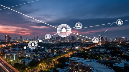 A vibrant city skyline at dusk, showcasing urban connectivity with digital network overlays - Powered by Adobe