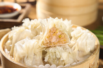 Handmade Siu Mai Dumplings in Bamboo Steamer - Traditional Chinese Dim Sum from Inner Mongolia