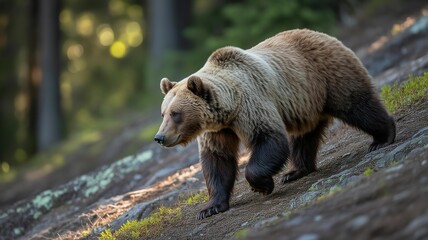 Fototapeta premium Brown bear walks on a rocky slope in a sunlit forest