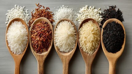 A vibrant display of various rice types showcased in wooden spoons, highlighting their unique colors and textures against a neutral background.