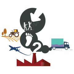 Illustration highlighting global efforts to reduce CO2 emissions from farming, transport, and industry, featuring a footprint symbol and people working together for carbon reduction.