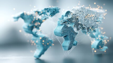 A futuristic 3D representation of a world map, featuring intricate details and shimmering lights, symbolizing global connectivity and technology.