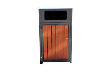 Brown rubbish bin garbage wood rectangle isolated on cutout PNG or transparent background. Waste collection equipment in park protect the environment.