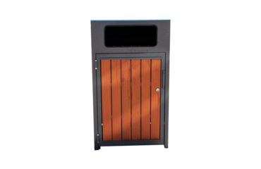 Brown rubbish bin garbage wood rectangle isolated on cutout PNG or transparent background. Waste collection equipment in park protect the environment.