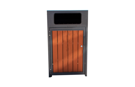 Brown rubbish bin garbage wood rectangle isolated on cutout PNG or transparent background. Waste collection equipment in park protect the environment. - Powered by Adobe