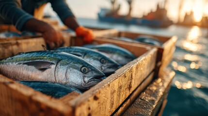 A fisherman handles fresh tuna in wooden crates at sunset, highlighting the seafood industry and the beauty of nature.