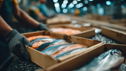 A worker handles boxes of fresh fish in a bustling seafood processing facility, showcasing the importance of seafood in the industry.